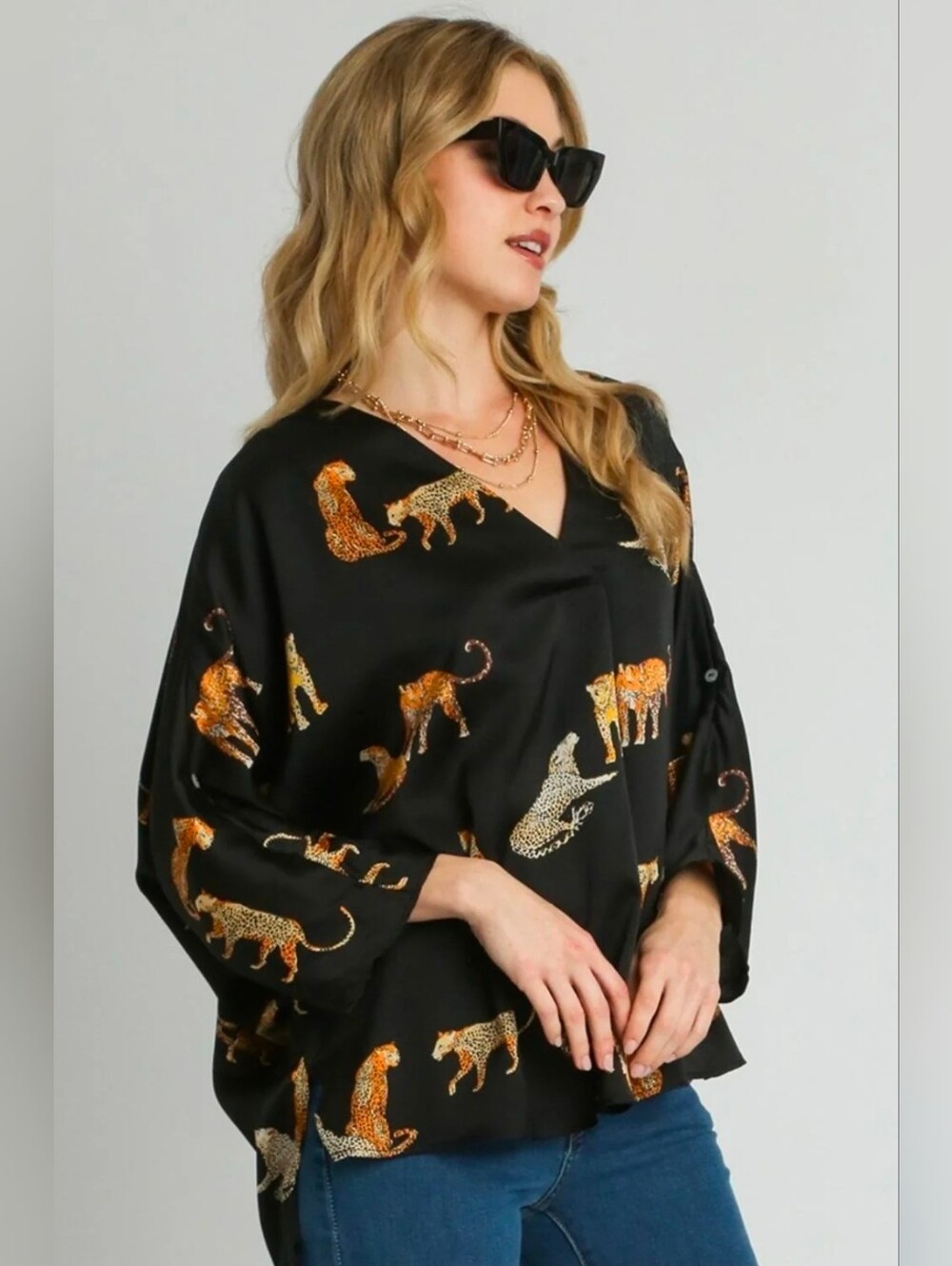 NWT Umgee Black Satin Cheetah Leopard Animal Print High-Low Blouse Top - Size L